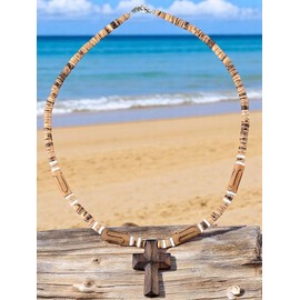 BlueRica Wood Cross Pendant on Coconut Beads and Puka Shell Accents Necklace (Tiger)