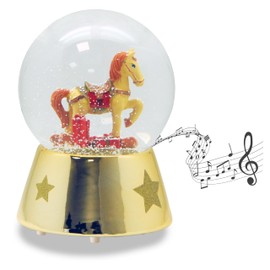 Snow globe Christmas music box, rocking horse with gifts, red gold, base gold with stars, with music box, height: 16 cm, width: 12 cm, shaking ball, 20262