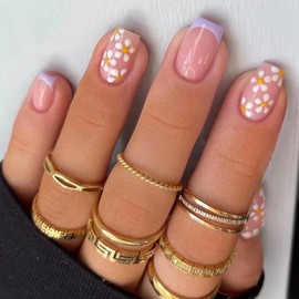 Square Short Press on Nails Acrylic Fake Nails False Nails with Floral Designs Full Cover Glue on Nails Glossy Artificial Nails Purple French Manicure for Women 24 Pcs