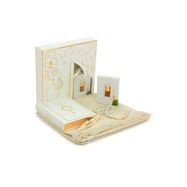ihvan online Prayer Gift Set for Men & Women, Muslim Prayer Rug, Salah Mat, Beads Taasbih, Arabic Holy Quran, Islamic Gift Set for Ramadan & Eid, White