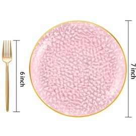 DaYammi 240Pcs Pink Plastic Plates Including 120Pcs Pink Dessert Plates and 120Pcs Gold Plastic Forks,Hammered Party Plate,pink and Gold Appetizer plates Heavy duty Disposable Plate for All Occasions