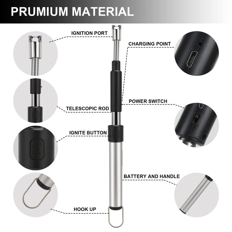 Long Lighter, USB Rechargeable Electric Arc Lighter Retractable Length (11.4in-27.55in),