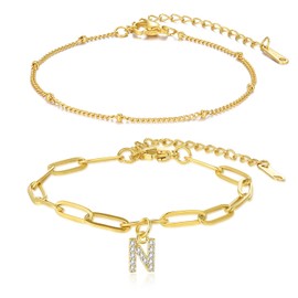 Candyfancy Dainty Gold Initial Bracelet Set - Layered Bracelets for Women, Delicate 2-Piece Set with Beaded and Letter Bracelet - Perfect for Stacking and Everyday Wear