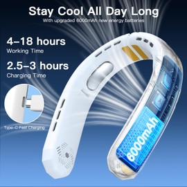 WXX Portable Neck Fan, 6000mAh Battery Neck Fan Rechargeable, 360° Cooling Personal Fan, 3 Speeds Foldable Quiet Wearable Fan for Travel Outdoor Indoor, Birthday Gifts for Men Women-White&Yellow