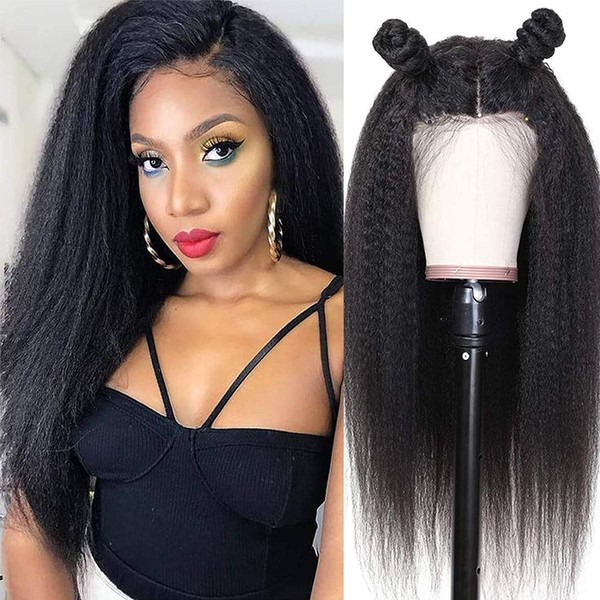 Yaki Human Hair Wig13X4 HD Lace Kinky Straight Lace Front Wigs Human Hair16 inch Yaki Straight Lace Frontal Wigs Pre Plucked Hairline with Baby Hair 150% Density KinkyStraight Wig