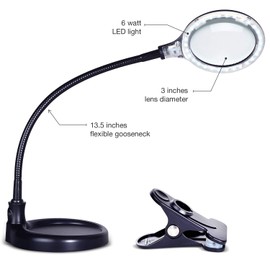 Brightech LightView Pro Flex Magnifying Lamp - 2 in 1 Clamp Table & Desk Lamp Energy Saving LED Ultra Bright Daylight Light, Great for Reading, Hobbies, Crafts, Workbench- Black
