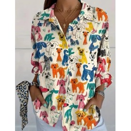 Unbranded Women's Plus 14 XL Colorful Dog Paw Linen Feel Top Shirt Collared Button Long