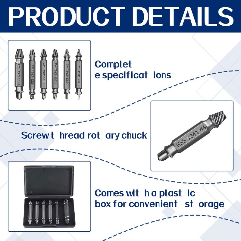 Screw Remover,6pcs Stripped Screw Remover,Damaged Screw Extractor Set Speed Steel,Easy