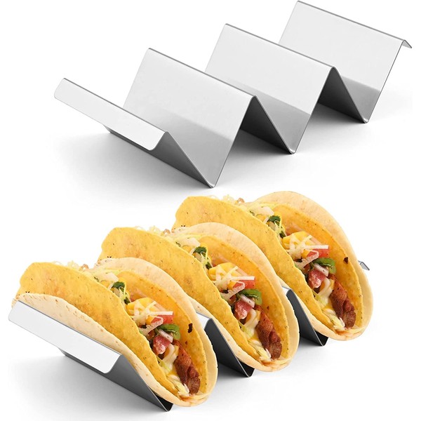 PIQIUQIU Taco Holder, Set of 2 Taco Stands Made of 304 Stainless Steel with Handles, Dishwasher Safe Tortilla Holder for Tacos Sandwiches Sausage Holder