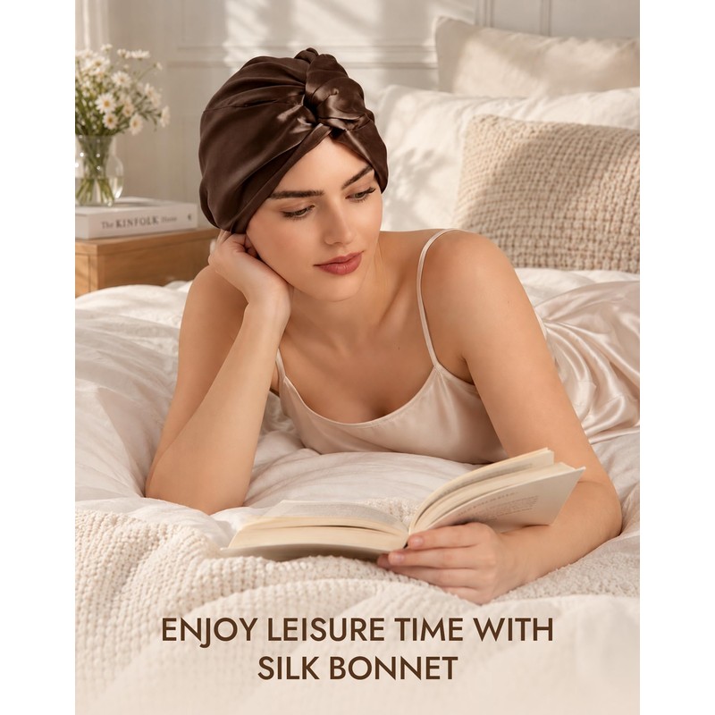22 Momme 100% Mulberry Silk Bonnet for Sleeping Women, Coffee