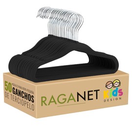 RagaBasics, Set de 50 Ganchos de Terciopelo para Niños, Perchas Metalicos de Alta Calidad con Rotacion 360°, Antideslizantes y Resistentes (50 Ganchos