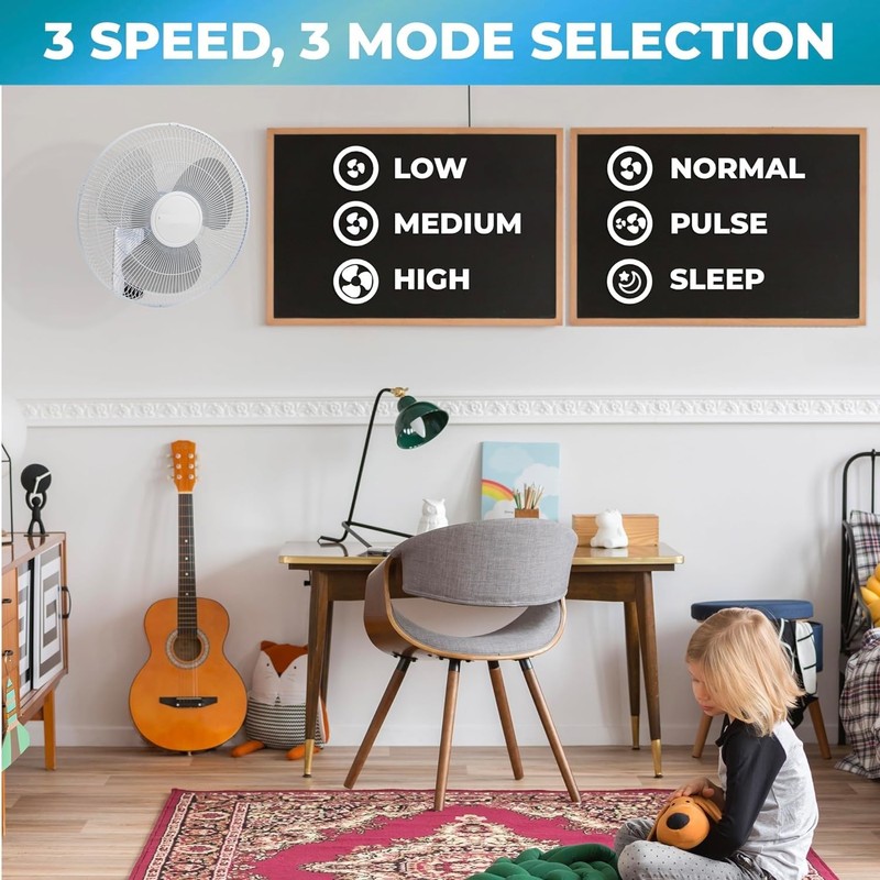 EZ-CHILL 16" Oscillating Wall Mount Fan with Remote Control, Timer,