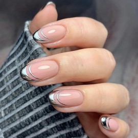Silver French Tip Press on Nails Short Nude False Nails Silver Lines Design Fake Nails Reusable Artificial Coffin Nails Full Cover Acrylic Nails 24Pcs DIY Stick on Nails Glue on Nails for Women