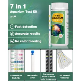Pawfly 7 in 1 Aquarium Test Strips 100 Strip Fish Tank Testing Strips for pH Chlorine Nitrate Nitrite Carbonate Hardness Total Alkalinity Water Quality Monitoring Kit with Test Tube and Thermometer