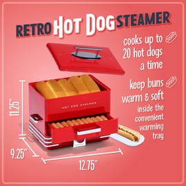 Nostalgia Extra Large Diner-Style Steamer 20 Hot Dogs and 6 Bun Capacity, Perfect for Breakfast Sausages, Brats, Vegetables, Fish