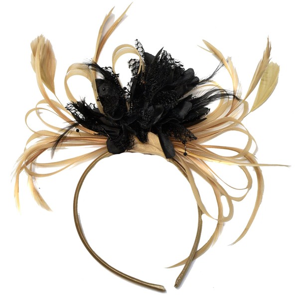 Champagne Gold Beige Camel and Black Fascinator on Headband Alice Band UK Wedding Ascot Races Derby