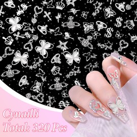 320 Pcs 3D Silver Nail Charms Gems, Butterfly Planet Cross Star Heart Nail Art Jewels, Rivet Nail Studs Charms for Nails Design