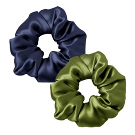 LILYSILK 100% Pure Silk Scrunchies Hair Elastic for Women Girls Hair Ties Ponytail Holder No Crease Gentle for Hair 2PC, Navy Blue+Olive Green