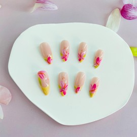 French Tip Press on Nails Medium Almond Fake Nails with Designs Cute Flower Glue on Nails Rhinestone False Nails Summer Acrylic Nails Glossy Full Cover Stick on Nails for Women