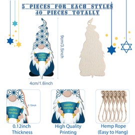 40 Pieces Hanukkah Gnomes Ornaments Handmade Plush Hanging Gnomes Elf Gnome Craft Wood Tags Menorah Dreidel Hexagram Elf Hanging Ornaments with Rope Home Party Decoration for Chanukkah Favors Supplies