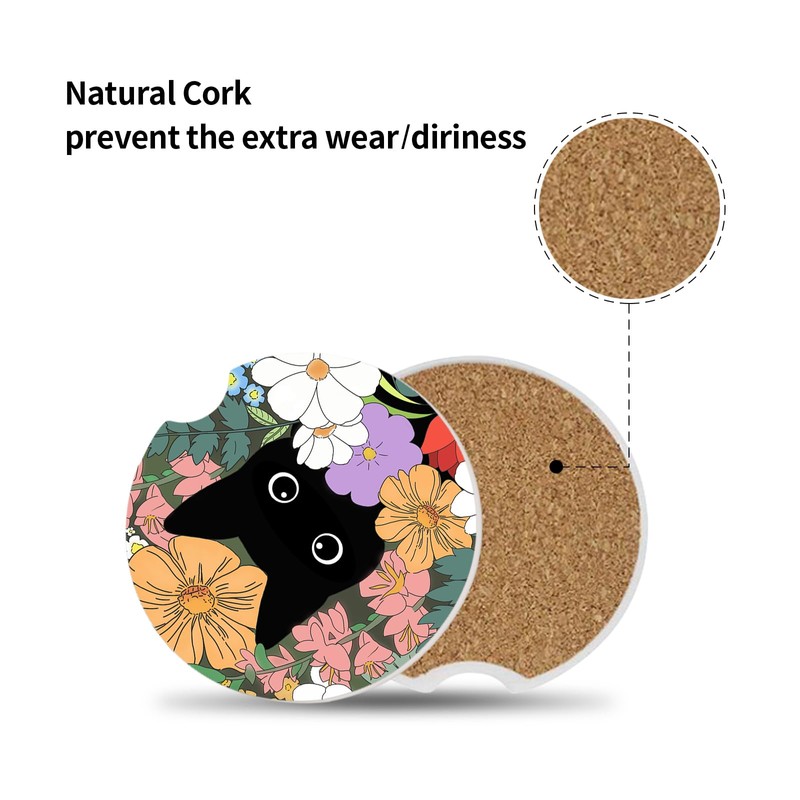 Cute Black Cat Car Coasters for Drinks Absorbent, 2 Pack
