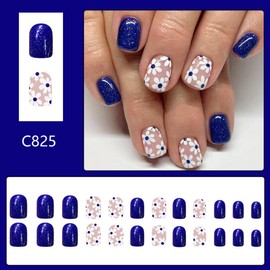 Glitter Blue Press on Nails Short Square Fake Nails with White Flower Design Floral Glue on Nails Glossy Spring Nails Reusable Summer False Nails for Women Girls Daily Wear Manicure 24pcs