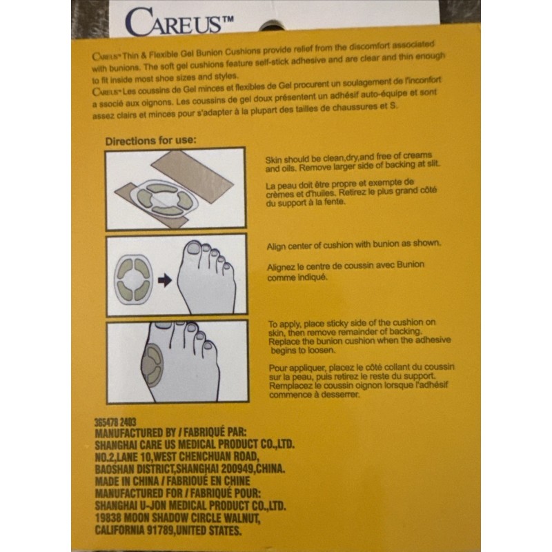 Careus Gel Bunion Cushions For Bunion Discomfort-1pk of 4 Cushions-NEW-S