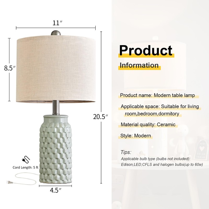 USumkky 20.5 inches Modern Ceramic Green Bedside Lamp Set of