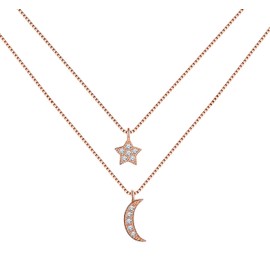 Yumilok Women's 925 Sterling Silver Cubic Zirconia Double Row Necklace with Moon Star Pendant Double Chain Adjustable Rose Gold, Silver Cubic Zirconia, Cubic Zirconia
