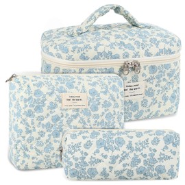 Anfly 3PCS Quilted Makeup Bag, Cotton Makeup Bag Set, Cute Blue Quilted Cosmetic Bag for Women, Large Travel Cosmetic Organizer, Makeup Organize