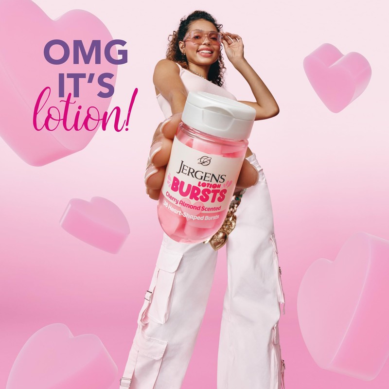 Jergens Cherry Almond Lotion Bursts, Squishy Heart-Shaped Moisturizer Bursts, Lotion