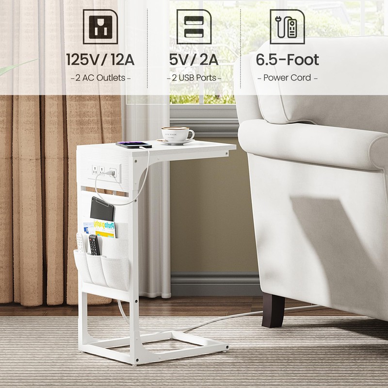 TUTOTAK C Shaped End Table with Charging Station, Side Table