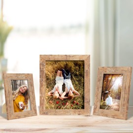 iRahmen 5x7 Picture Frame Set of 4, High Definition Real Glass Rustic Brown Frame, 5 x 7 Wood Photo Frames for Tabletop Display and Wall Mounting