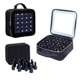 YAHOURWAT Small Nail Polish Organizer Storage Box Hold 42 Bottles (15 ml/0.51 floz) PU Leather Portable Cosmetic Bag with Removable Partition (Black)