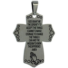 Surgical Steel The Serenity Prayer Cross Necklace 1 5/16 inch (33 mm), w/ 30 inch Chain