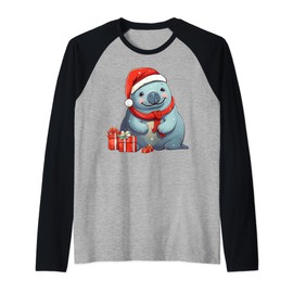 Manatee Wearing Santa Hat Christmas Stuffed Animal Raglan Baseball Tee