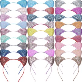 Janinka 30 Pcs Cat Ears Headband for Girls Glitter Sequin Cat Hairbands Shiny Kitty Headband Hair Metal Hoop Hair Accessories for Women Daily Wearing Birthday Party Decoration