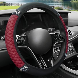 AMZAUTO Bling Steering Wheel Cover for Women, Leather Sparkly Rhinestone Bedazzled Steering Wheel Cover, 15 Inch Car Interior Accessories for Most Vehicles (Wine Red)