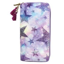 Timlee Girls Purple Star Zipper Wallet Long Clutch Bag PU Leather Purse Christmas Gift(Purple Star 0828)