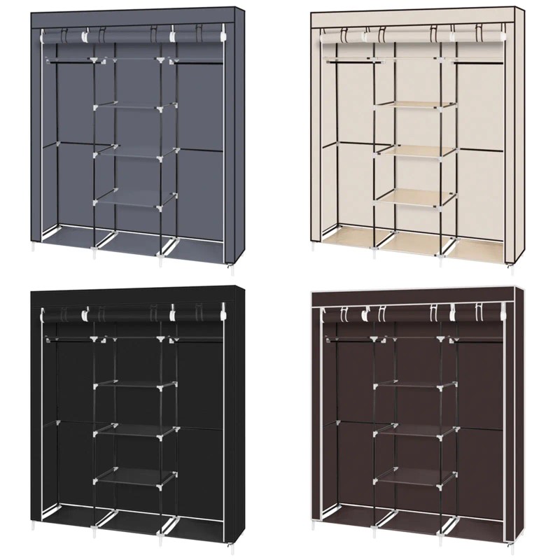 Portable Double Rod Storage Organizer 69\" Non-Woven Fabric Closet Wardrobe