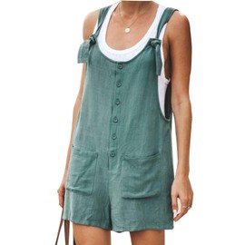 Yeokou Women's Casual Summer Cotton Linen Rompers Overalls Jumpsuit Shorts(DarkGreen-M)