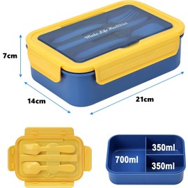 Loncheras para Niñas de kinder, Bento Box para Niños Adultos, Fiambrera Cajas Bento1400ml, Lunch Box con Cuchillo, Tenedor y Cuchara, Sin BPA, Apto para Microondas, Lavavajillas, Congelador(Azul)