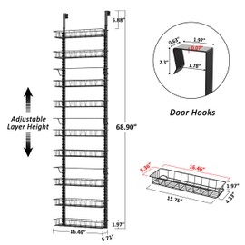 Churboro Over the Door Pantry Organizer Rack with 9 Adjustable Baskets, 9 Tiers Dual-use Hanging or Wall Mount Spice Rack Organizer, Black