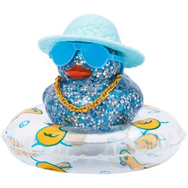 wonuu Shining Rubber Ducks with Plastic Sunglasses Swim Ring Necklace Hat, Glittering Cute Car Accessories Car Decor Dashboard Decorations Car Duck Cute Pink Car Accessories, Blue Glasses-Clear
