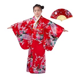 CRB Girls Kimono Japanese Top Robe Sash Belt Fan Set (Height 150cm, Red)