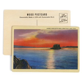 Utah, Sunset View over Black Rock in the Great Salt Lake (4x6 Birch Wood Postcards, 2-Pack Stationary, Rustic Home Wall Decor)