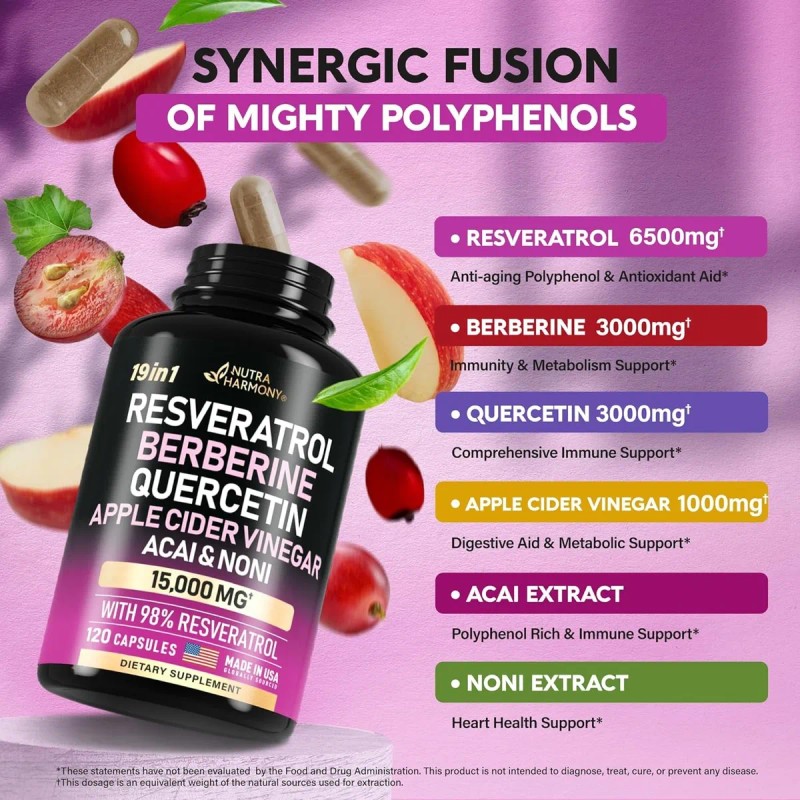 Resveratrol + Berberina + Quercetina Con 120 Caps. Hecho Usa