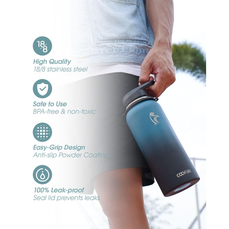 Coolflask Insulated Water Bottle with Strap, 32 oz Metal Water