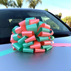 Fully Assembled Large Car Bow, 16" Wide - Coral & Mint Green, Front Door Decoration, Spring, Summer, Wedding, Anniversary, Reception, Birthday, Fundraiser, Gift Bow, Christmas, Easter