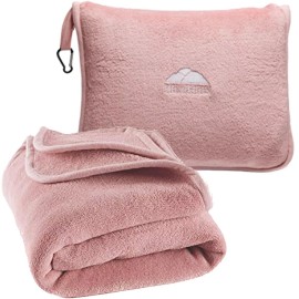 BlueHills Premium Soft Tall Travel Blanket Pillow for Airplane Long Flight Pink